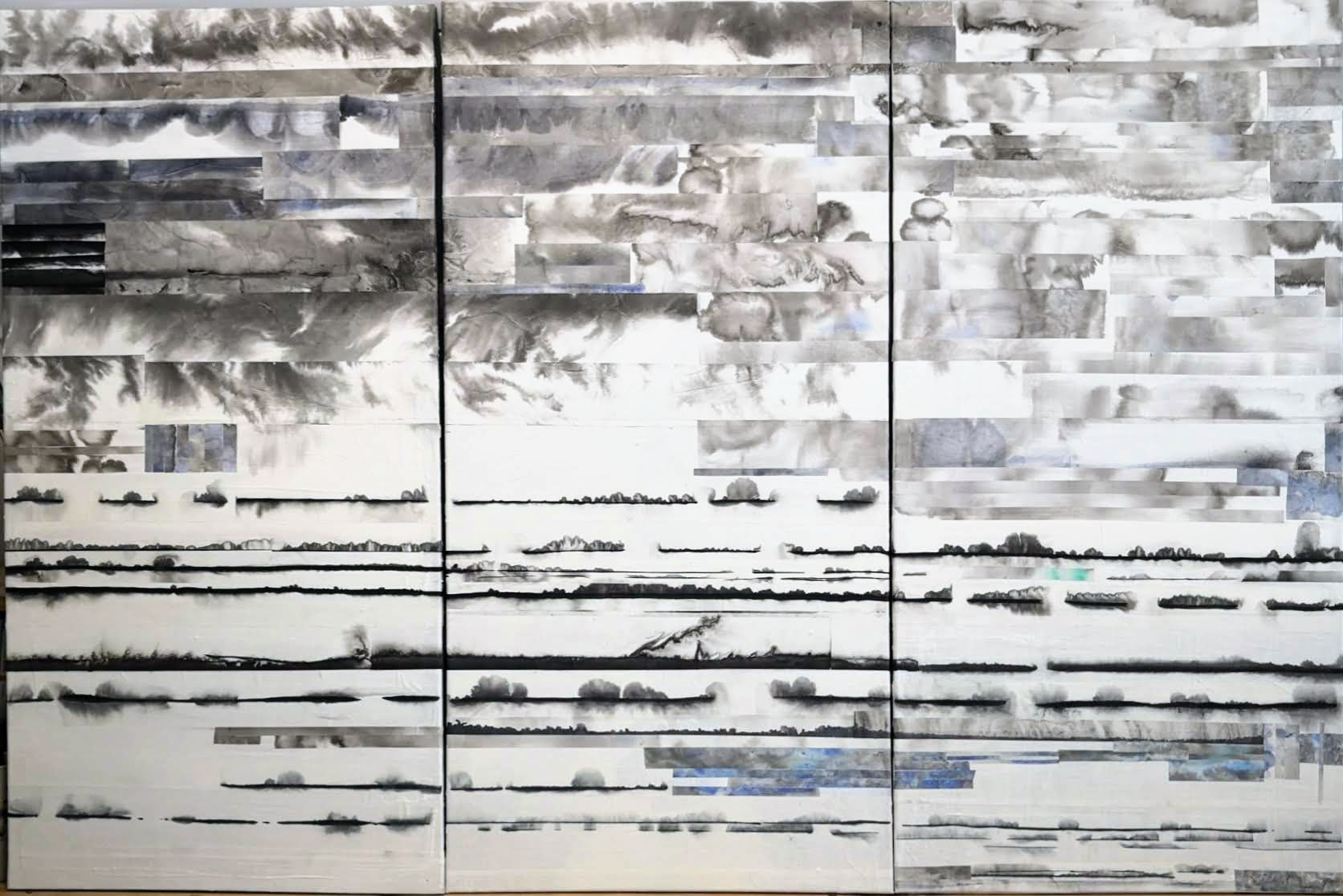 Triptyque abstrait aux tons bleus, verts et graphite
