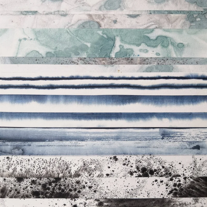 Grand format abstrait aux pigments bleus et graphite
